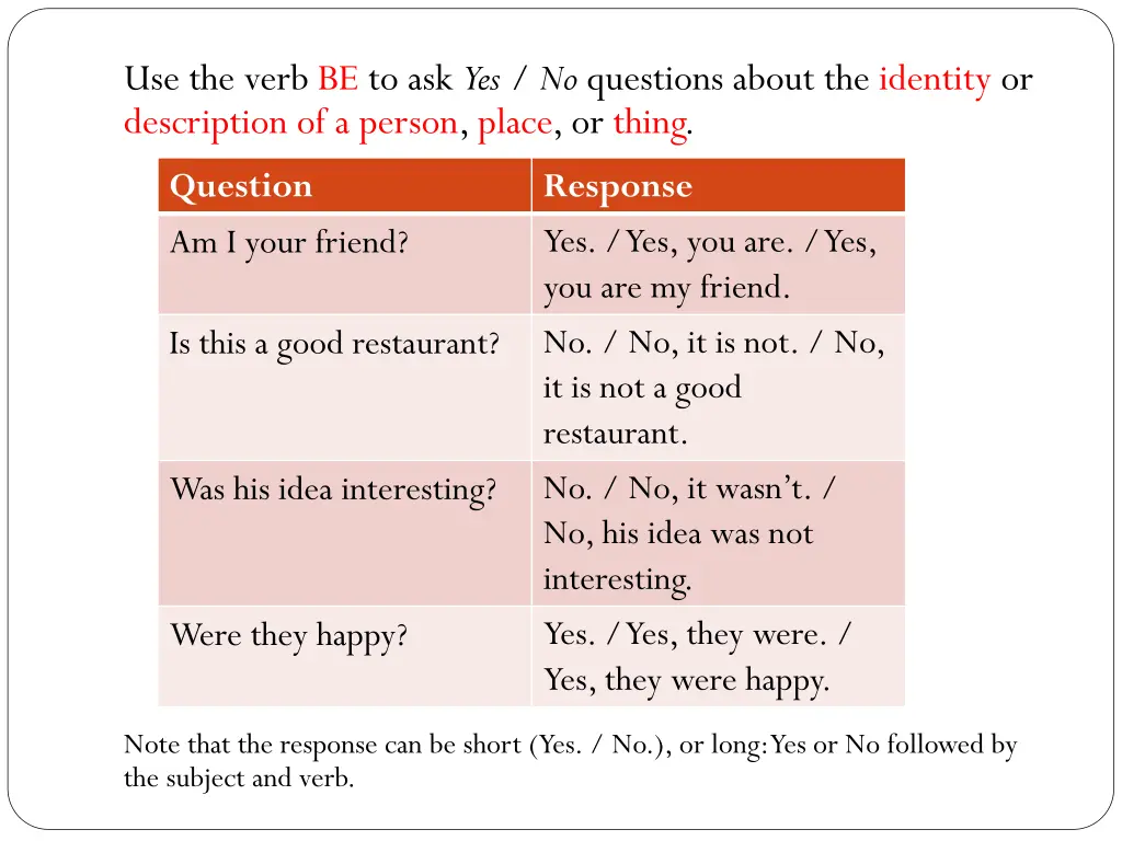 use the verb be to ask yes no questions about