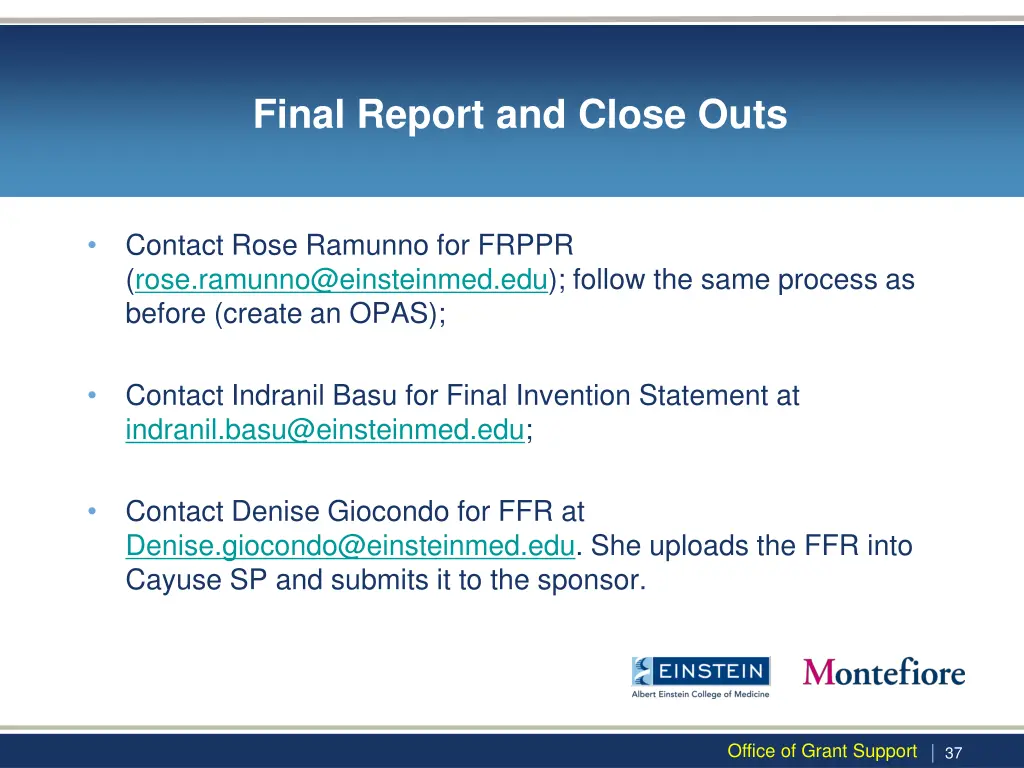 final report and close outs