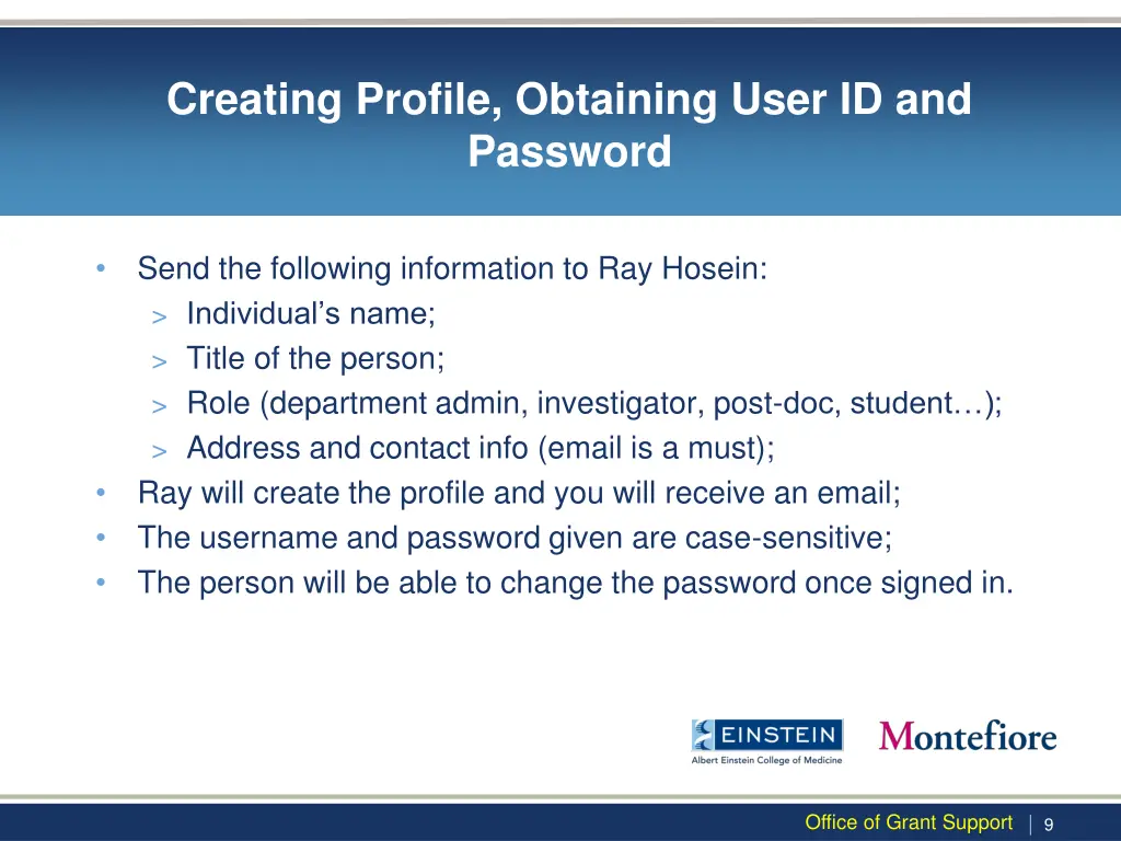 creating profile obtaining user id and password