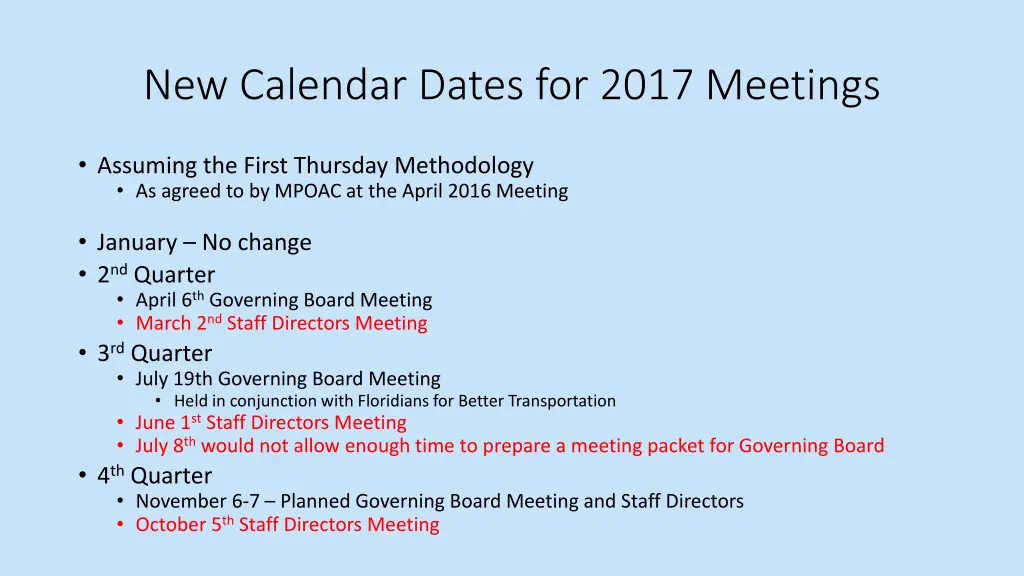 new calendar dates for 2017 meetings
