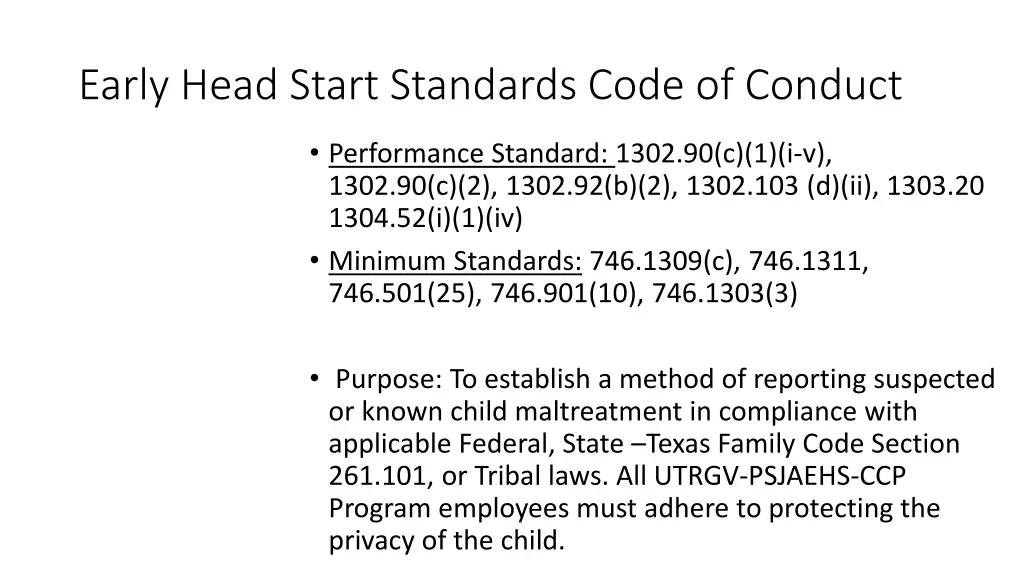 early head start standards code of conduct
