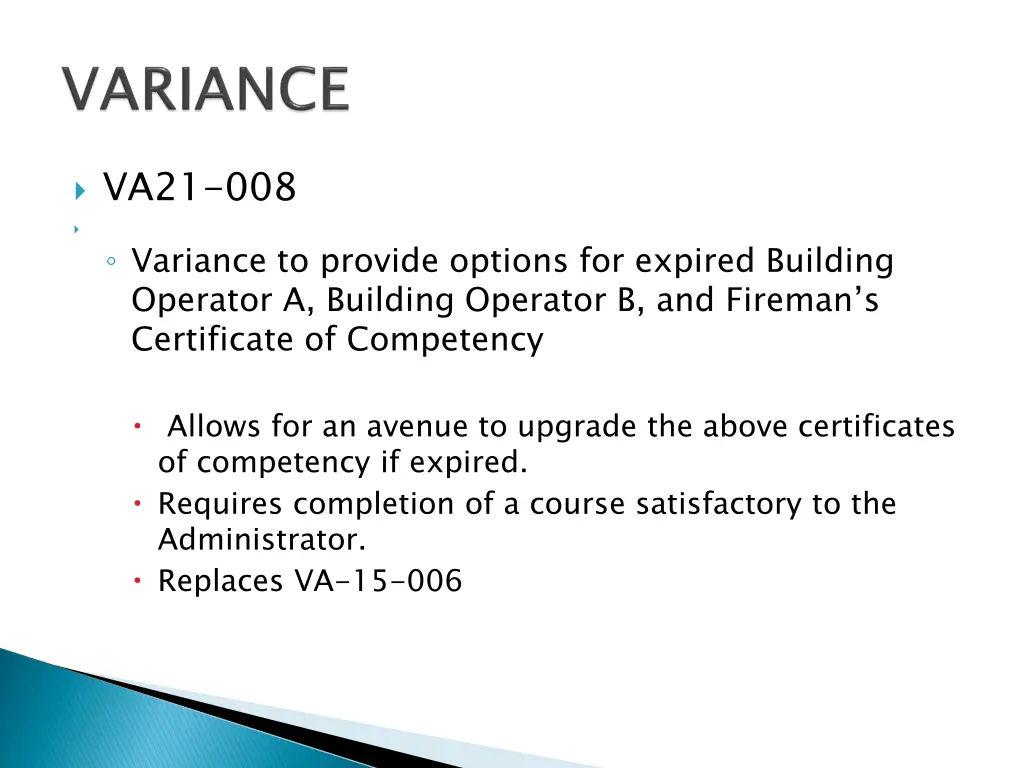 va21 008 variance to provide options for expired