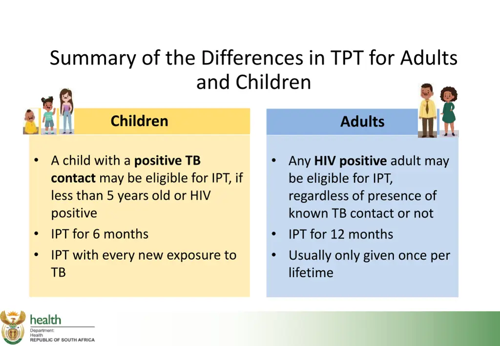 summary of the differences in tpt for adults