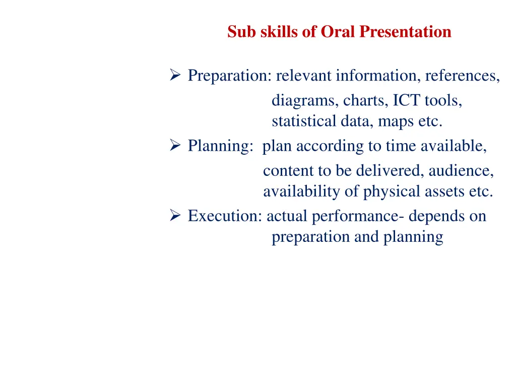 sub skills of oral presentation