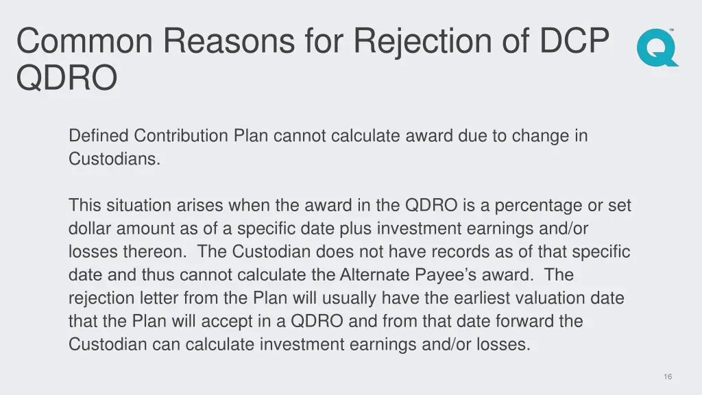 common reasons for rejection of dcp qdro