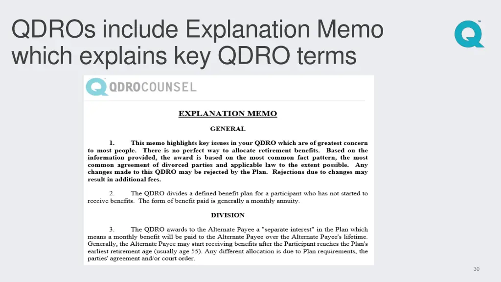 qdros include explanation memo which explains