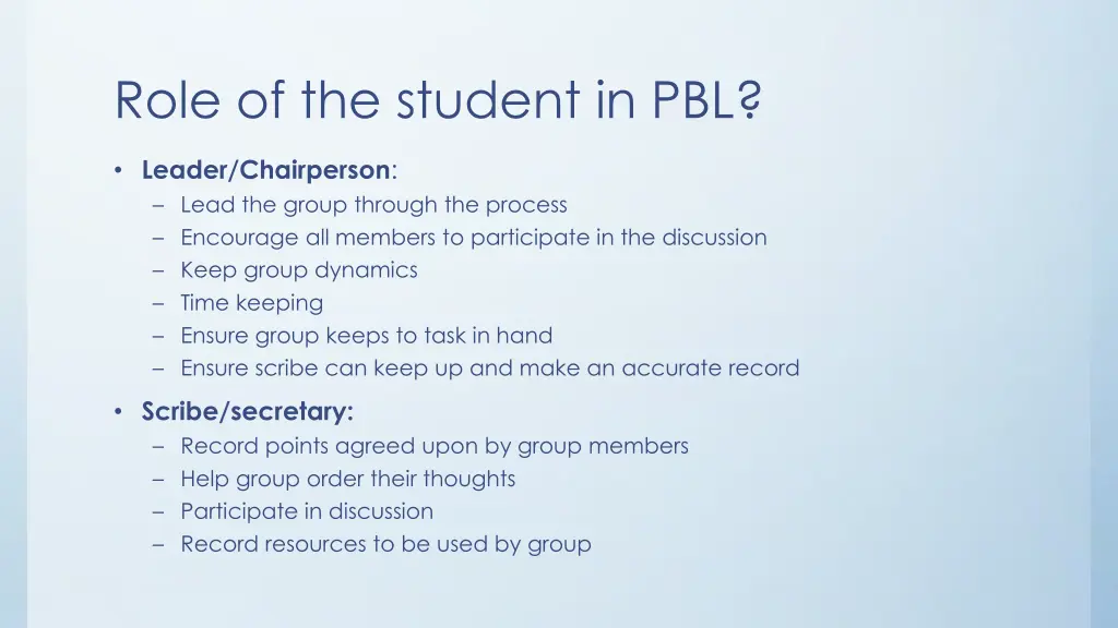 role of the student in pbl