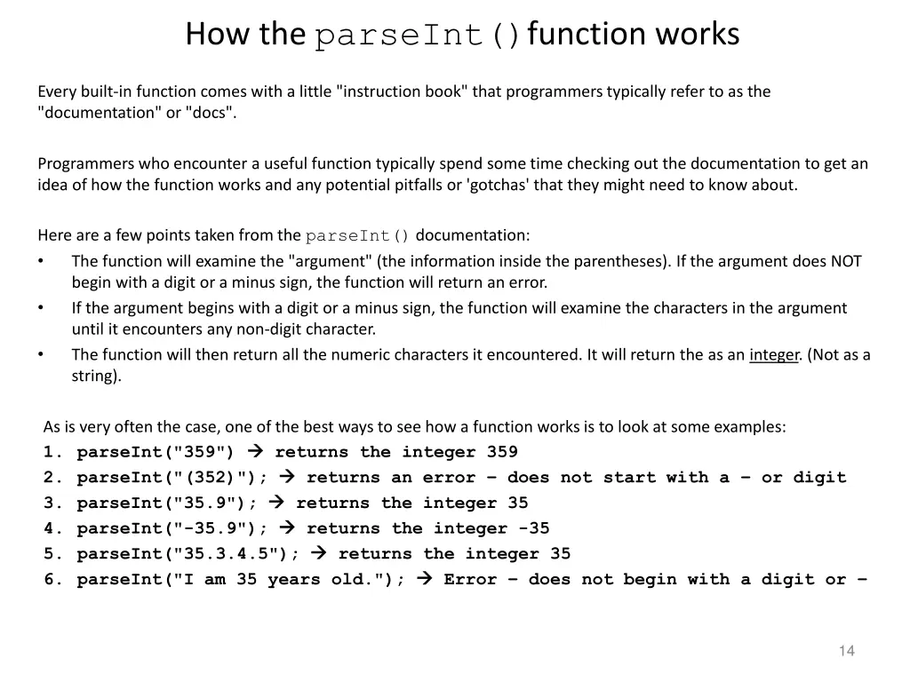 how the parseint function works