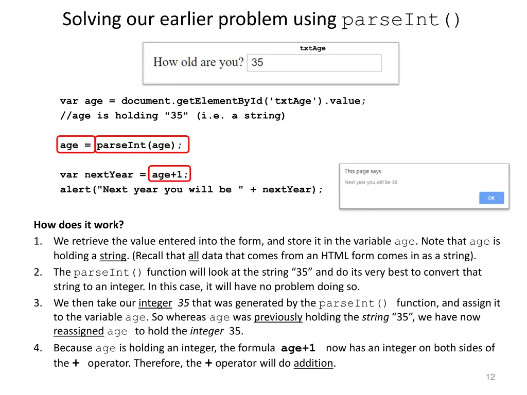 solving our earlier problem using parseint