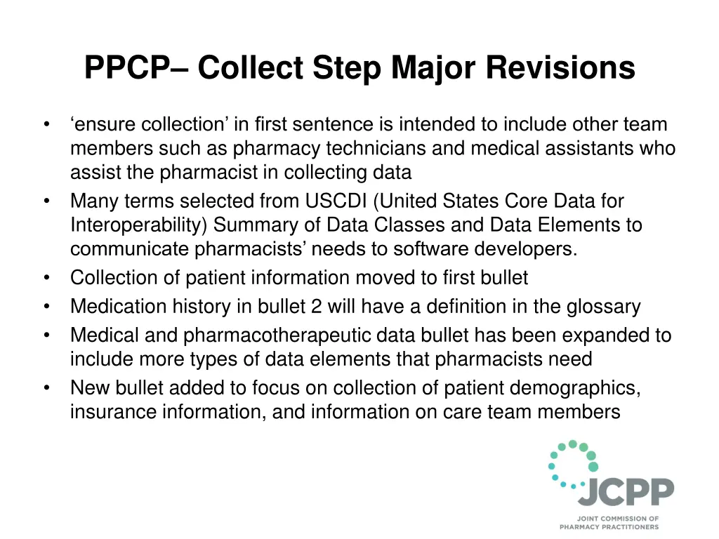 ppcp collect step major revisions