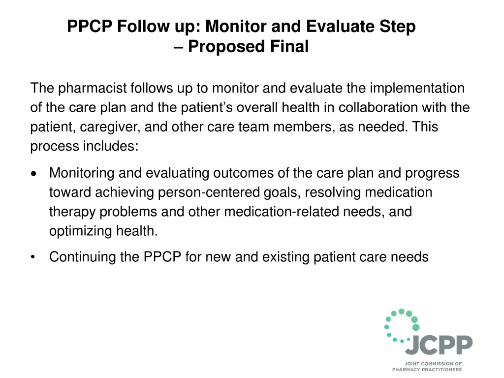 ppcp follow up monitor and evaluate step proposed