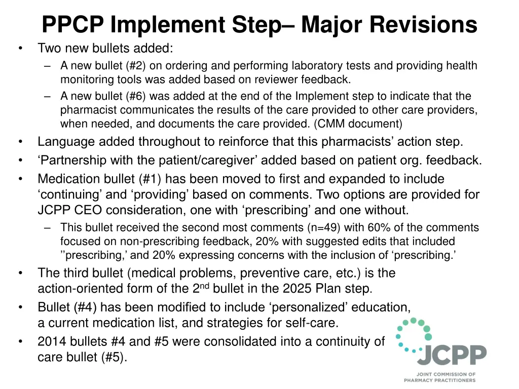 ppcp implement step major revisions