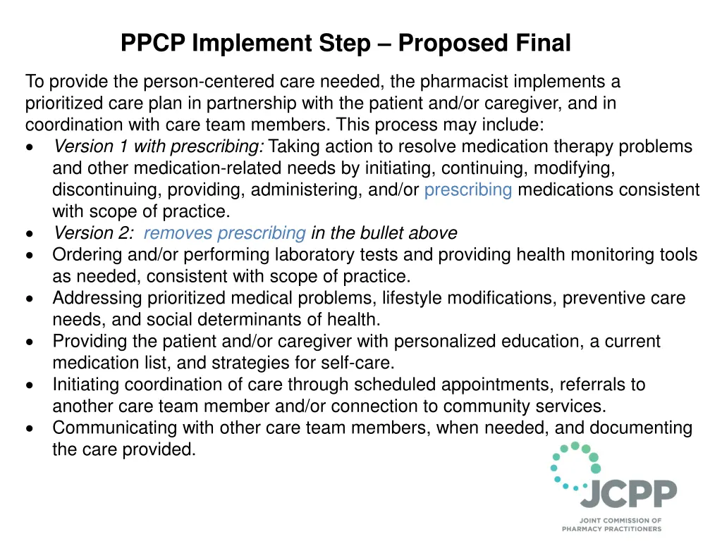 ppcp implement step proposed final