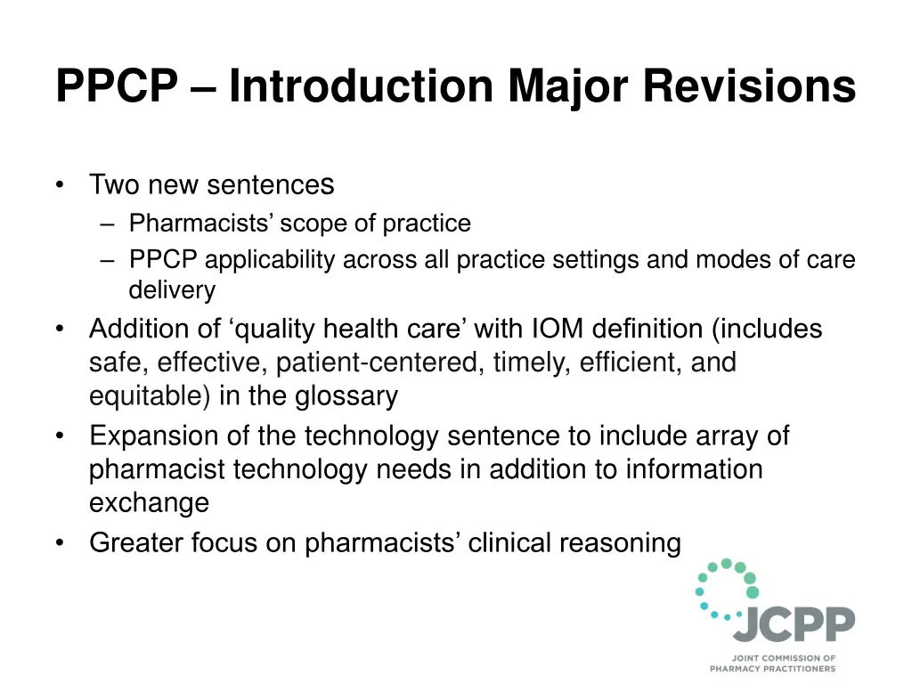 ppcp introduction major revisions