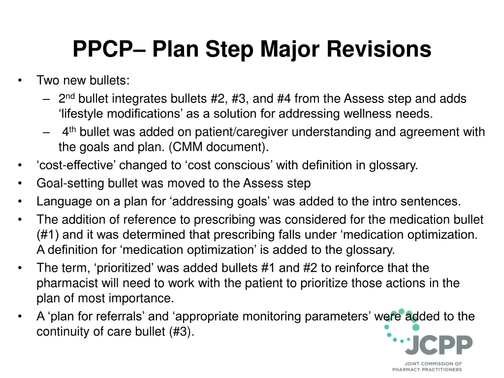 ppcp plan step major revisions