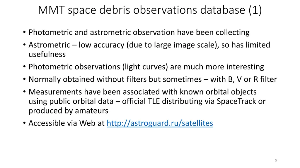 mmt space debris observations database 1
