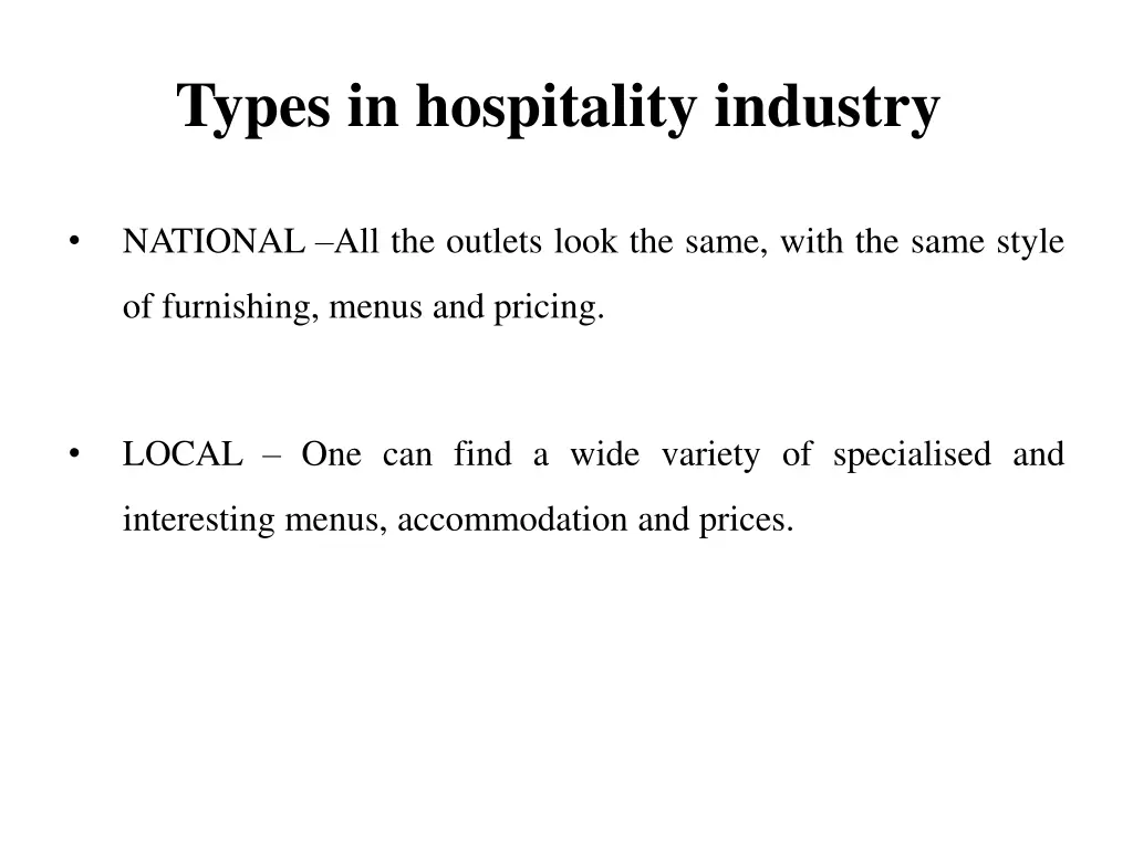 types in hospitality industry