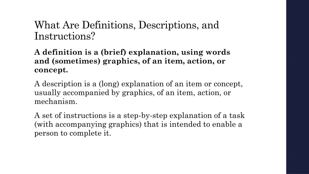 what are definitions descriptions and instructions