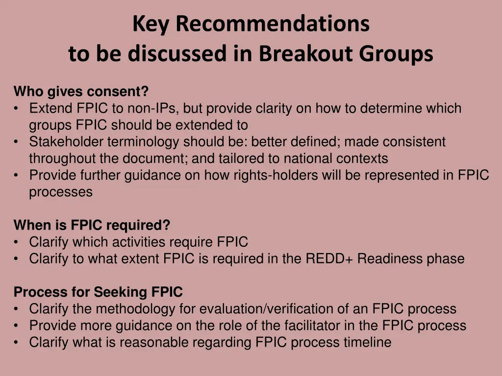 key recommendations to be discussed in breakout