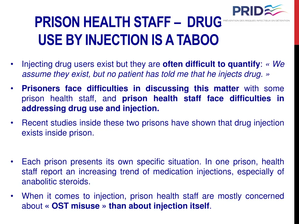 prison healthstaff drug use by injection