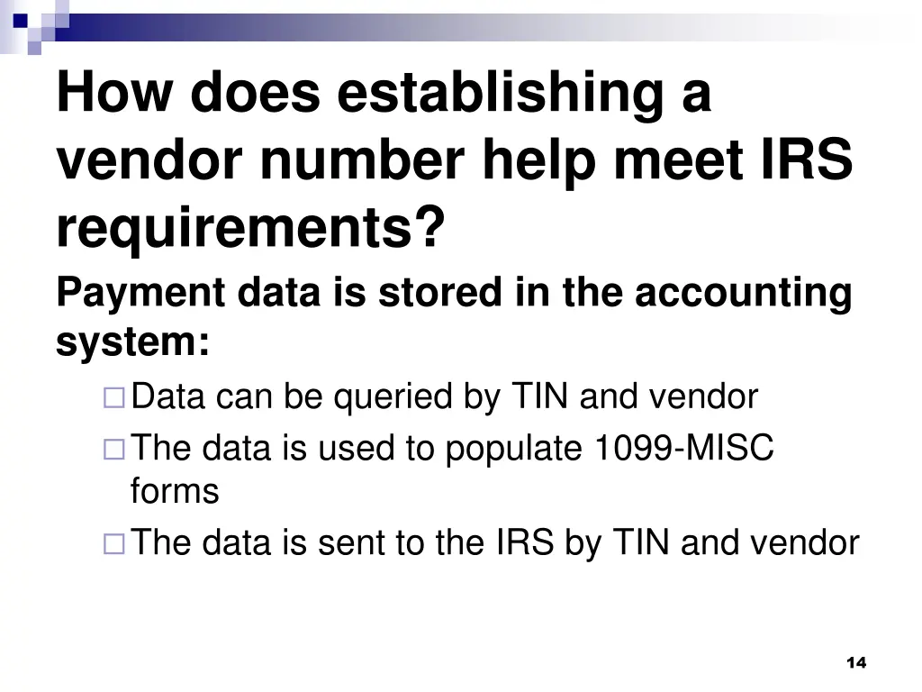 how does establishing a vendor number help meet 1