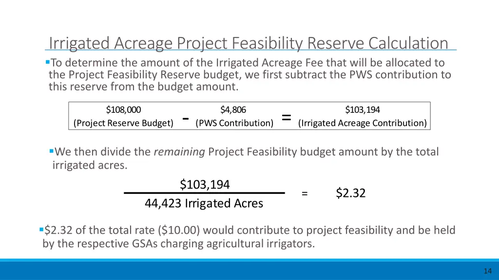 irrigated acreage project feasibility reserve