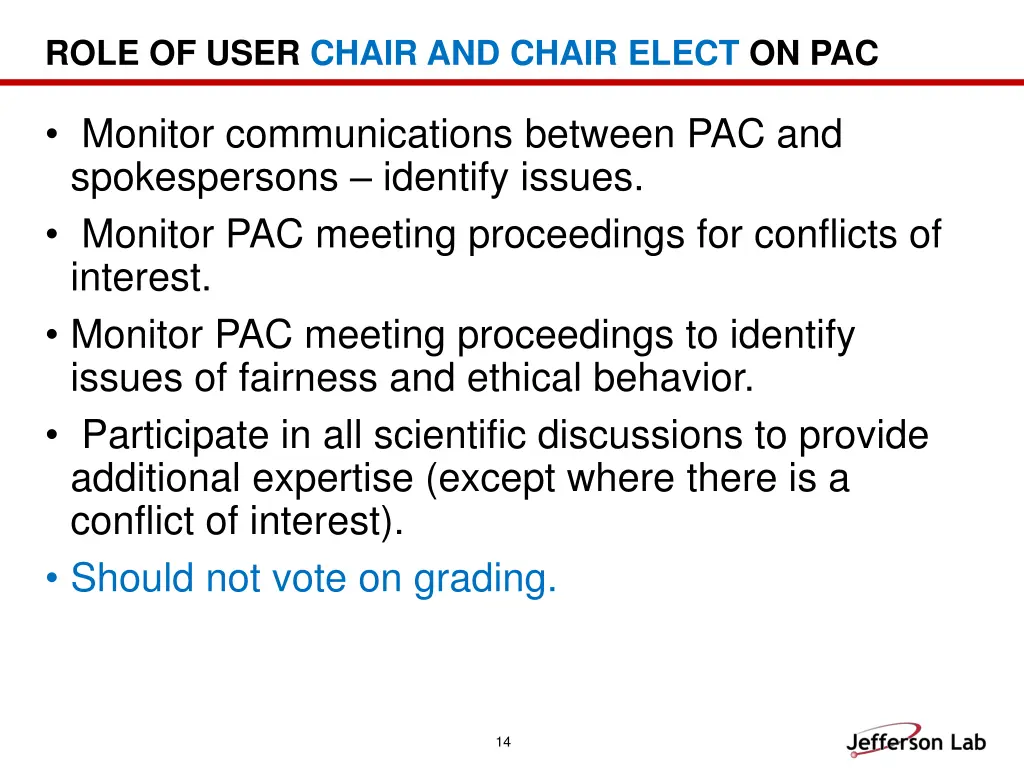 role of user chair and chair elect on pac