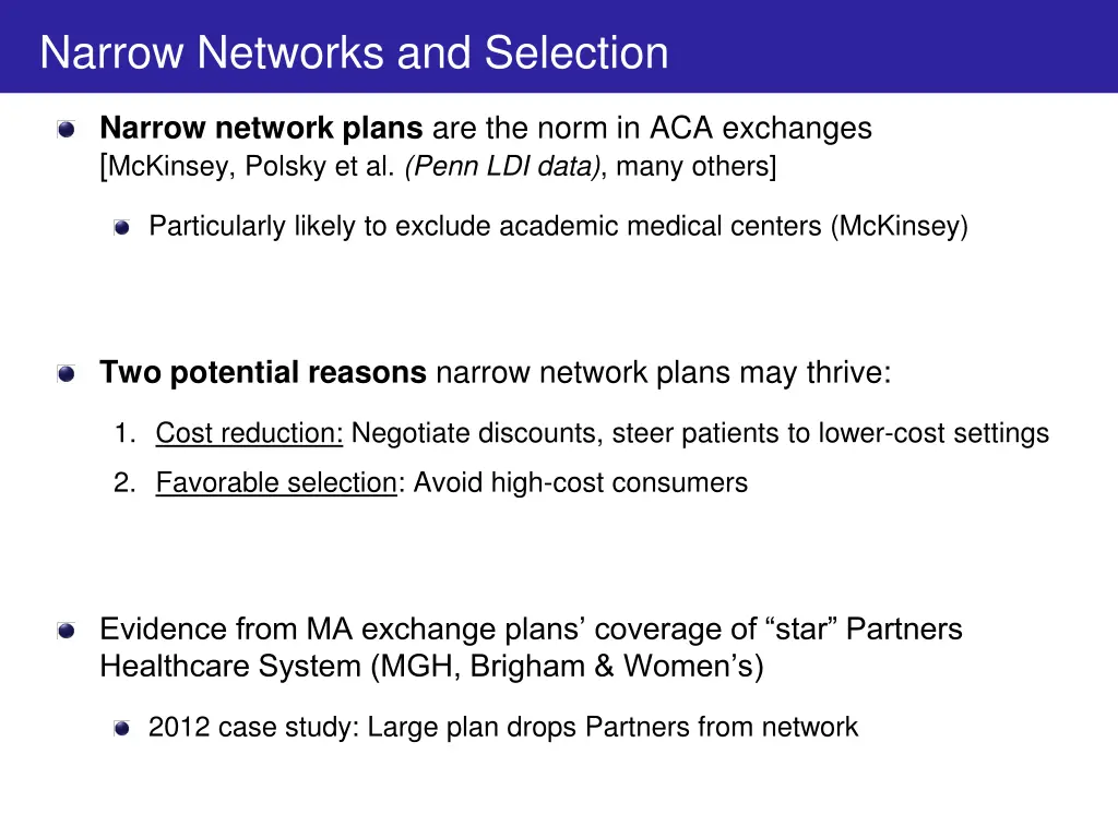 narrow networks and selection