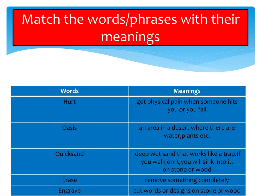 match the words phrases with their meanings