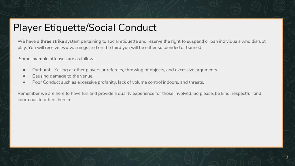 player etiquette social conduct