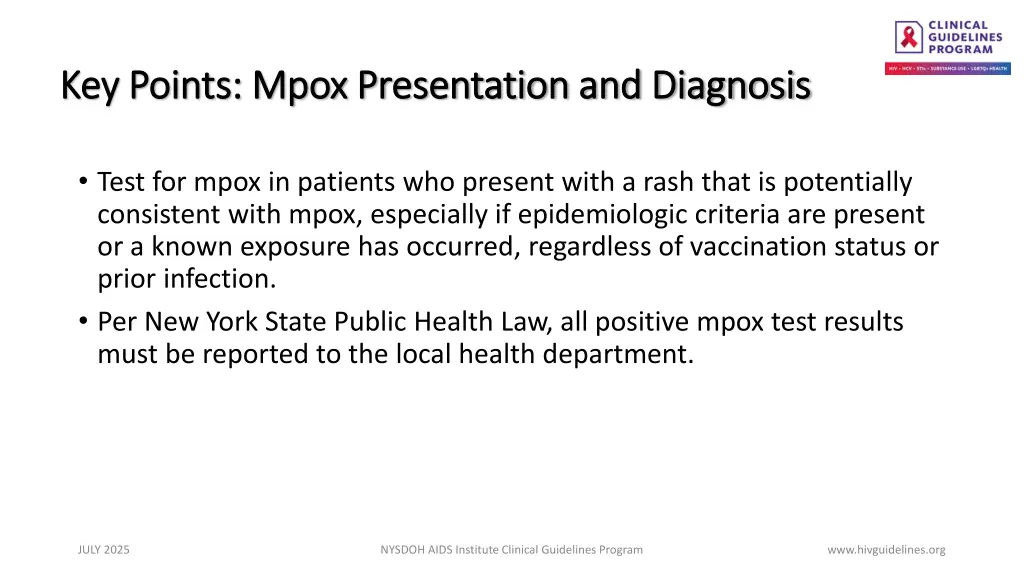 key points mpox presentation and diagnosis