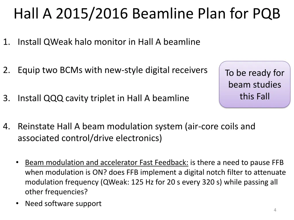 hall a 2015 2016 beamline plan for pqb