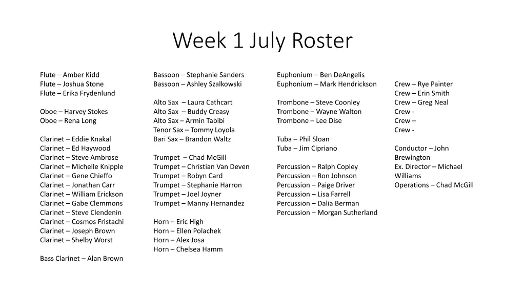 week 1 july roster
