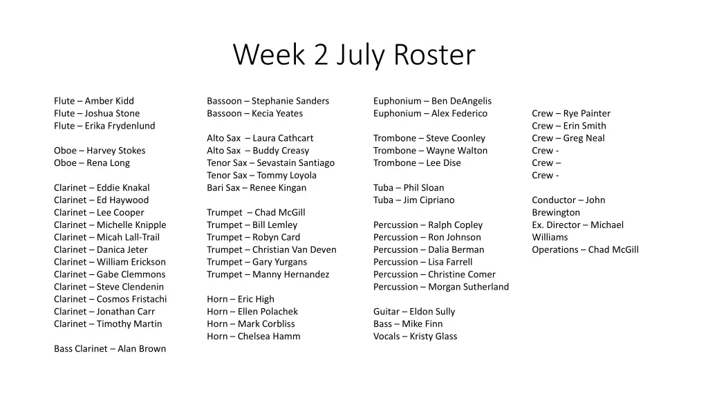 week 2 july roster