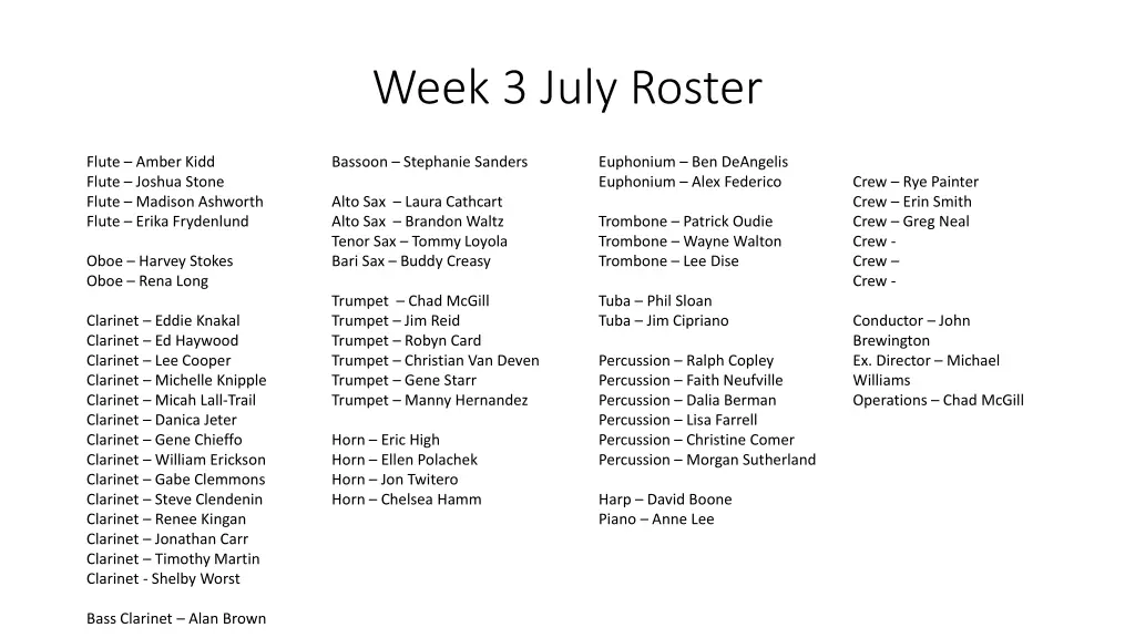 week 3 july roster