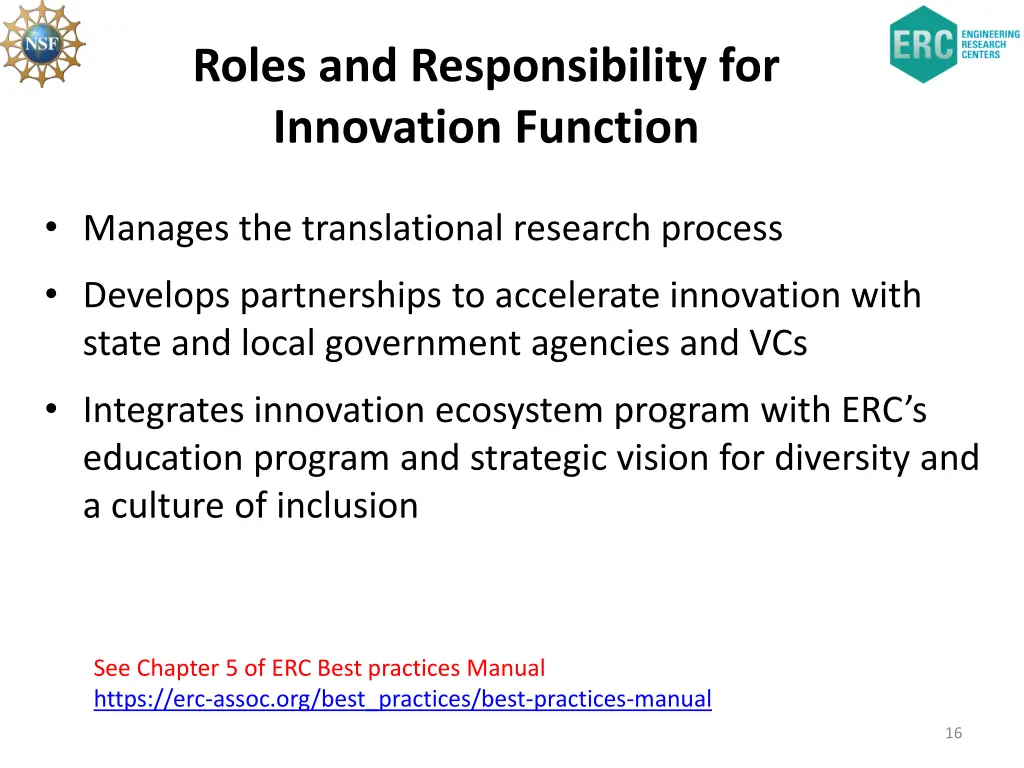 roles and responsibility for innovation function