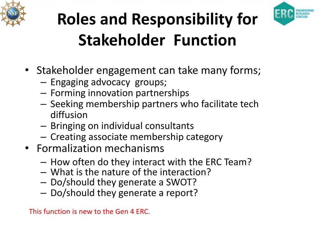 roles and responsibility for stakeholder function