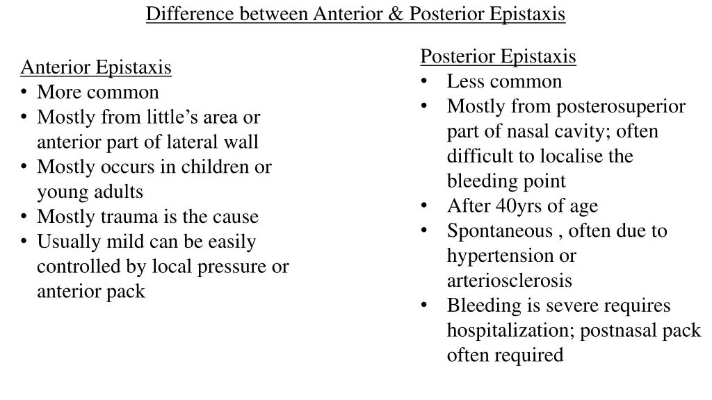 difference between anterior posterior epistaxis