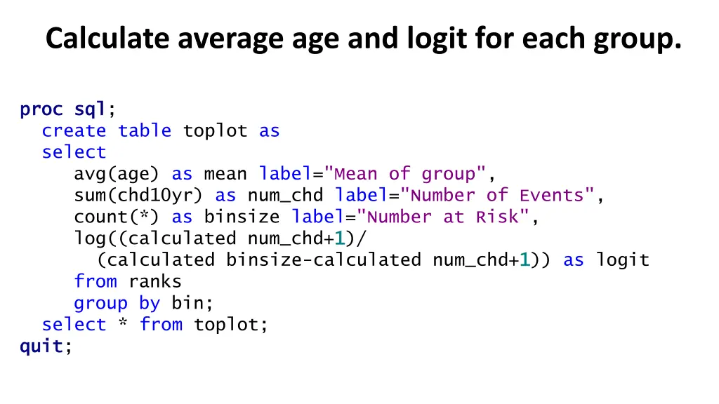 calculate average age and logit for each group
