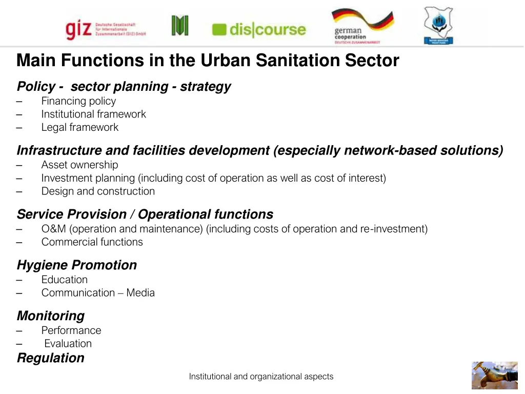 main functions in the urban sanitation sector