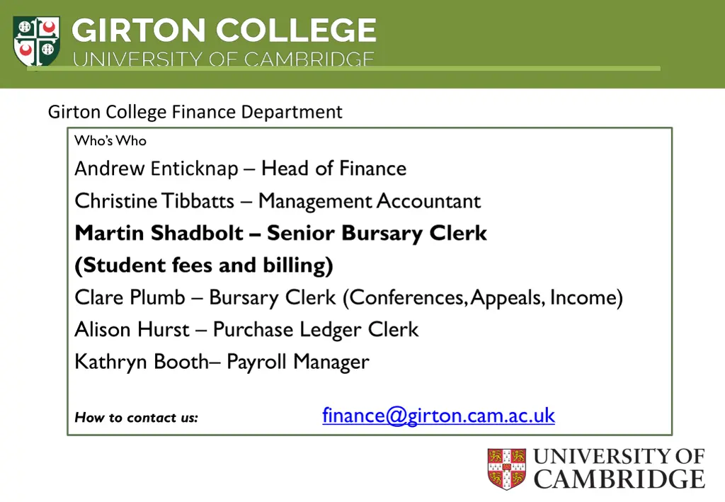 girton college finance department