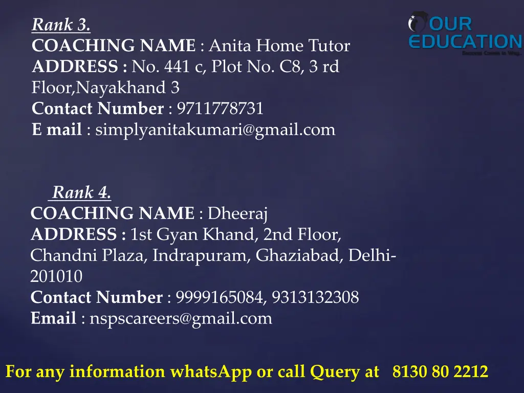 rank 3 coaching name anita home tutor address