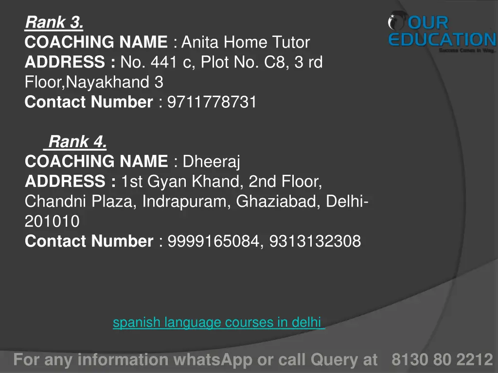rank 3 coaching name anita home tutor address