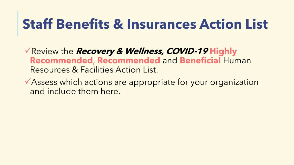 staff benefits insurances action list
