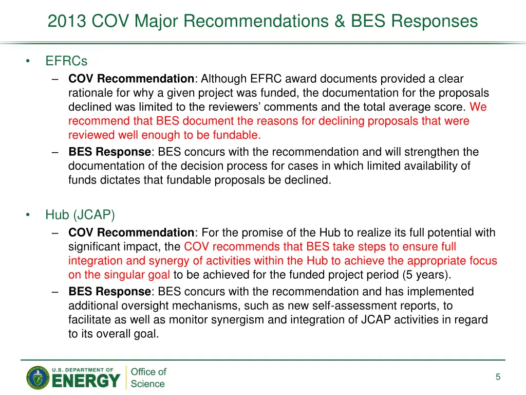 2013 cov major recommendations bes responses