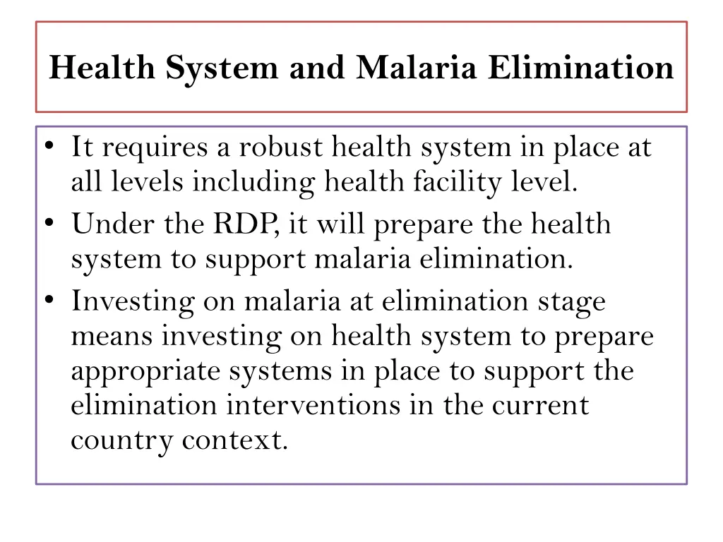 health system and malaria elimination