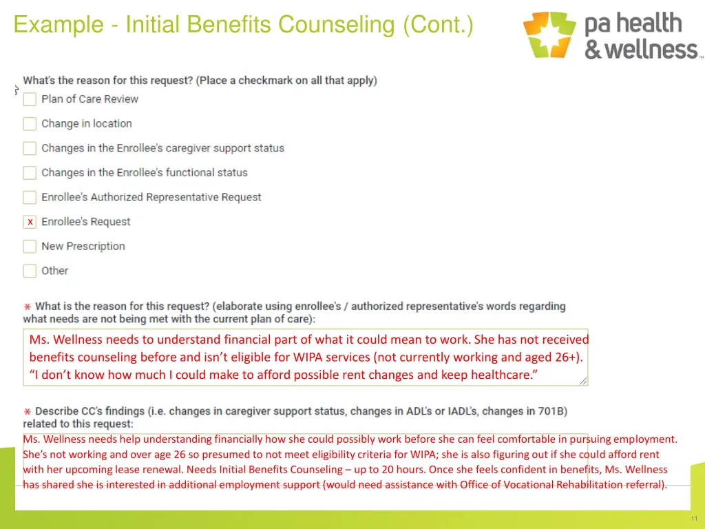 example initial benefits counseling cont 2