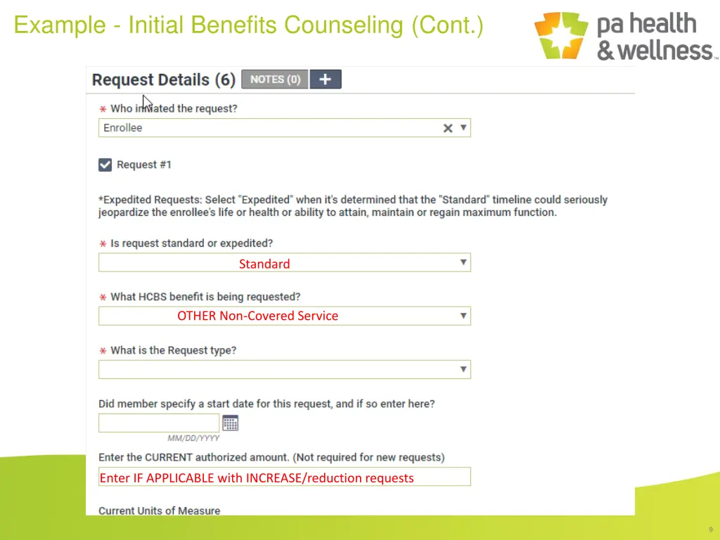 example initial benefits counseling cont