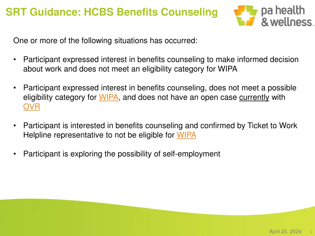srt guidance hcbs benefits counseling