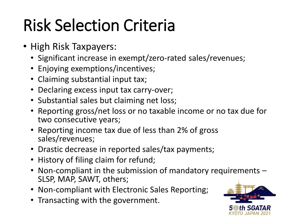 risk selection criteria risk selection criteria